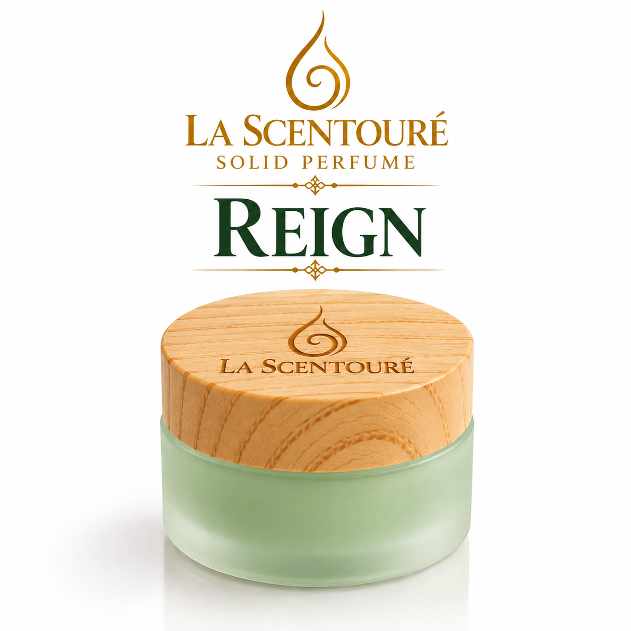 LA SCENTOURÉ REIGN luxury solid perfume 15g, frosted pastel-green jar with natural wood-finish lid